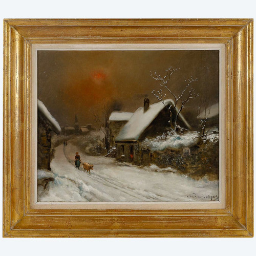 Theodore Levigne (1848-1912) Village sous la neige oil on canvas late 19th century