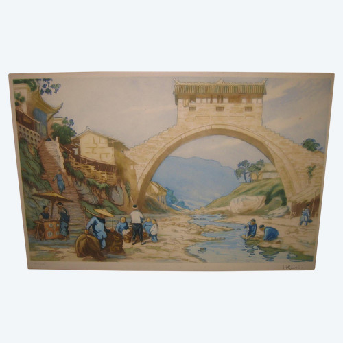 Lithographie Henri Gervèse 1880-1959 vue du célèbre pont 