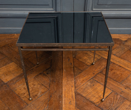 1960s side table, gold metal, smoked glass, ball feet