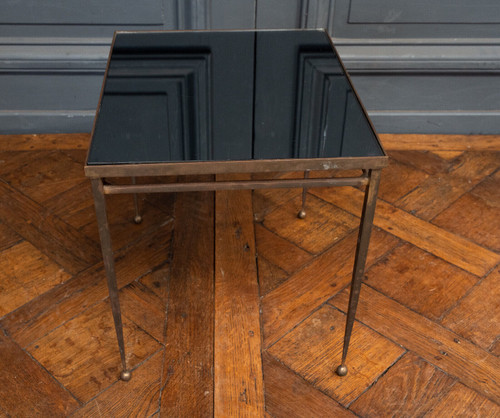 1960s side table, gold metal, smoked glass, ball feet