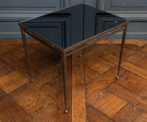 1960s side table, gold metal, smoked glass, ball feet