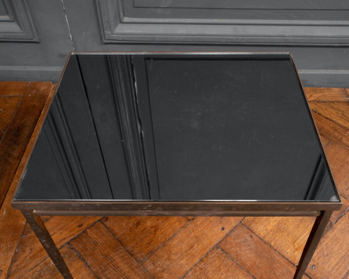 1960s side table, gold metal, smoked glass, ball feet