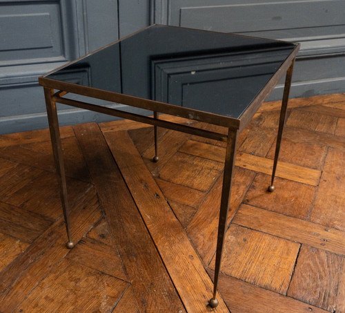 1960s side table, gold metal, smoked glass, ball feet