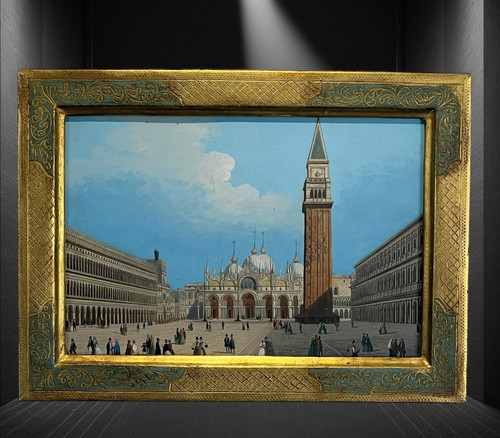 19th CENTURY PAINTING / GOUACHE "SAINT MARK'S SQUARE IN VENICE" IN THE STYLE OF CANALETTO