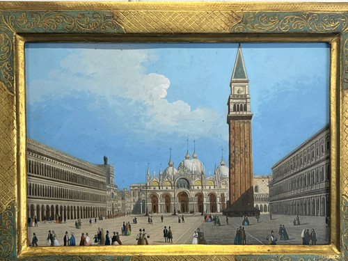 19th CENTURY PAINTING / GOUACHE "SAINT MARK'S SQUARE IN VENICE" IN THE STYLE OF CANALETTO