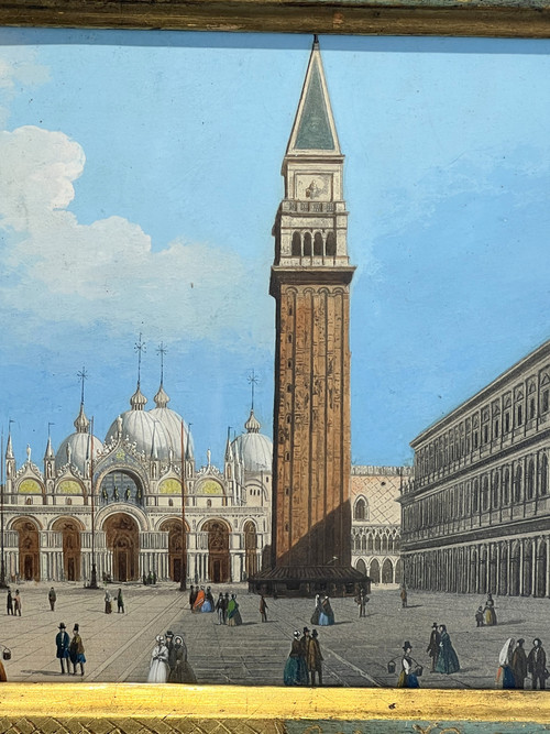 19th CENTURY PAINTING / GOUACHE "SAINT MARK'S SQUARE IN VENICE" IN THE STYLE OF CANALETTO