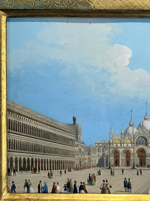 19th CENTURY PAINTING / GOUACHE "SAINT MARK'S SQUARE IN VENICE" IN THE STYLE OF CANALETTO