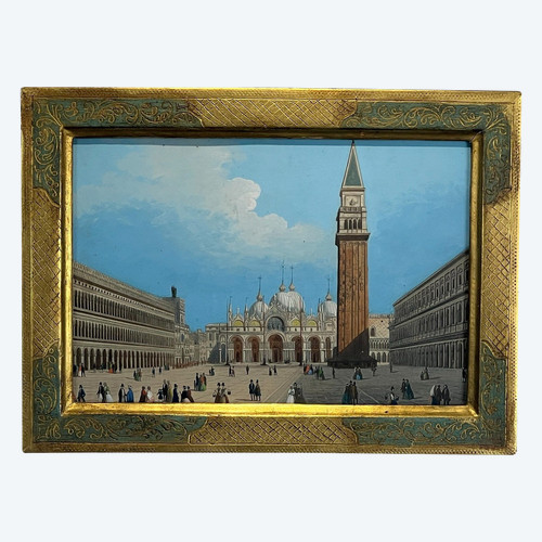 19th CENTURY PAINTING / GOUACHE "SAINT MARK'S SQUARE IN VENICE" IN THE STYLE OF CANALETTO