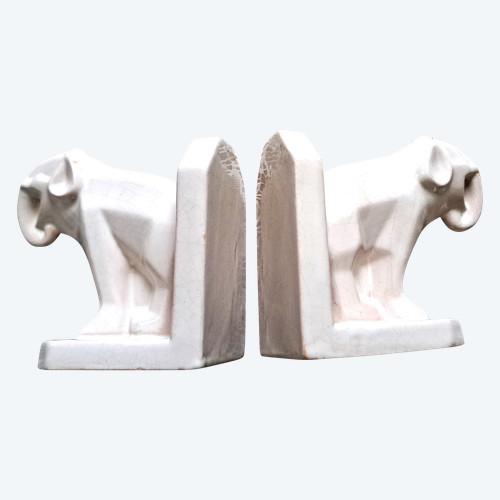 Art Deco white earthenware bookends by Henri Delcourt Devres