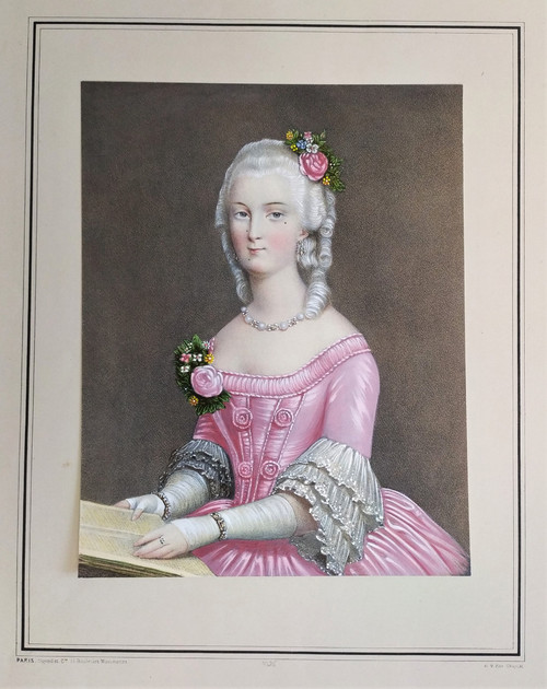 Watercolor Lithograph Portrait Of A Woman In The Marie Antoinette Style 19th Century Old Print