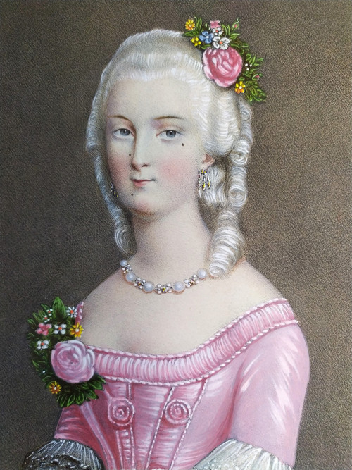 Watercolor Lithograph Portrait Of A Woman In The Marie Antoinette Style 19th Century Old Print