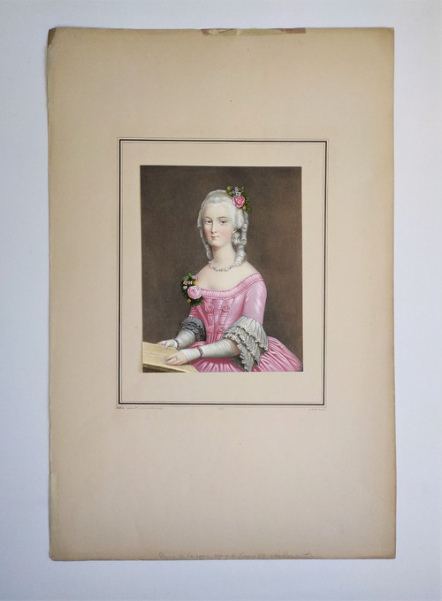 Watercolor Lithograph Portrait Of A Woman In The Marie Antoinette Style 19th Century Old Print