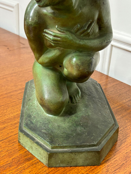 Lucien Charles édouard Alliot (1877-1967) La Frileuse Bronzo con patina verde Periodo Art Déco