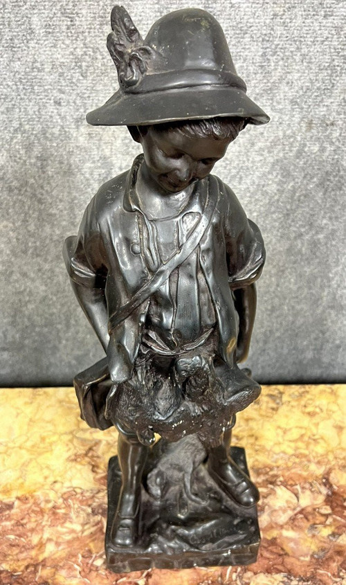 Auguste CACE: Grande bronzo di un bambino cacciatore firmato, fine del XIX secolo