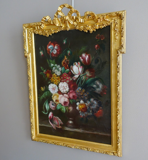 Ecole française du XIXe siècle, grande nature morte aux fleurs, cadre Louis XVI - 61cm x 82cm