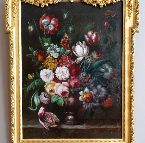 Ecole française du XIXe siècle, grande nature morte aux fleurs, cadre Louis XVI - 61cm x 82cm