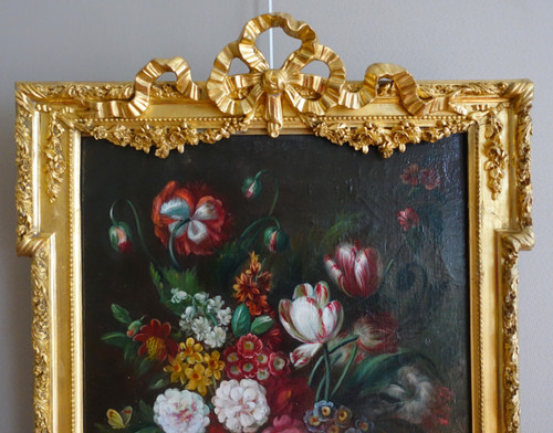 Ecole française du XIXe siècle, grande nature morte aux fleurs, cadre Louis XVI - 61cm x 82cm