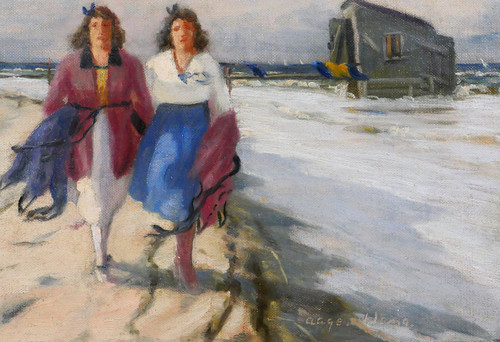 Aage WANG 1879-1959 Deux femmes sur la plage, tableau, vers 1920-30