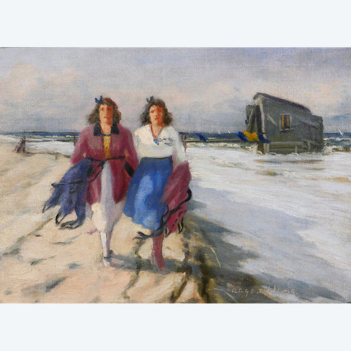 Aage WANG 1879-1959 Deux femmes sur la plage, tableau, vers 1920-30