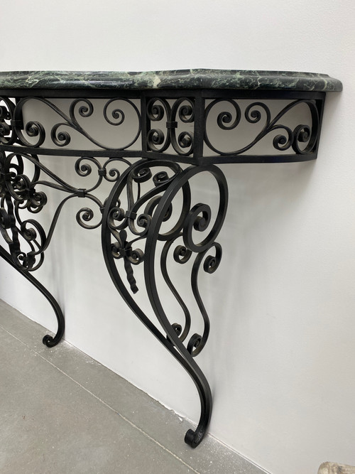 Art Deco Console Wrought Iron Green Alpine Marble