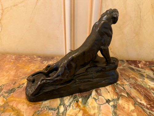 BRONZE THE WOUNDED PANTHER SIGNED L. CARVIN