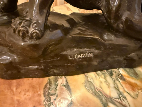 BRONZE THE WOUNDED PANTHER SIGNED L. CARVIN