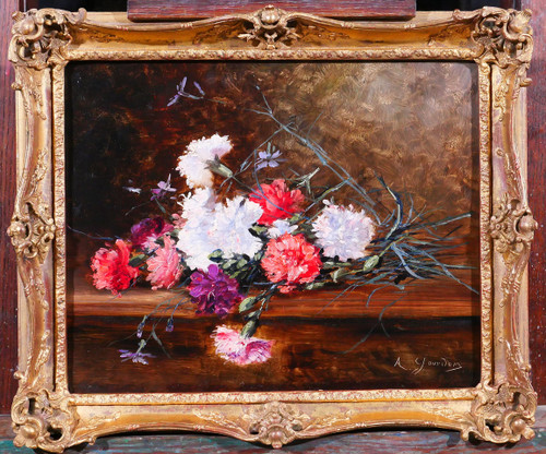 Adrien-Raphaël GOURDON, Nature morte de fleurs, oeillets, tableau, vers 1880-85 impressionnisme