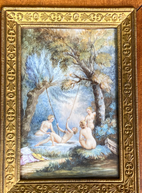 Miniature peinture sur ivoire « Les baigneuses » XIXème.