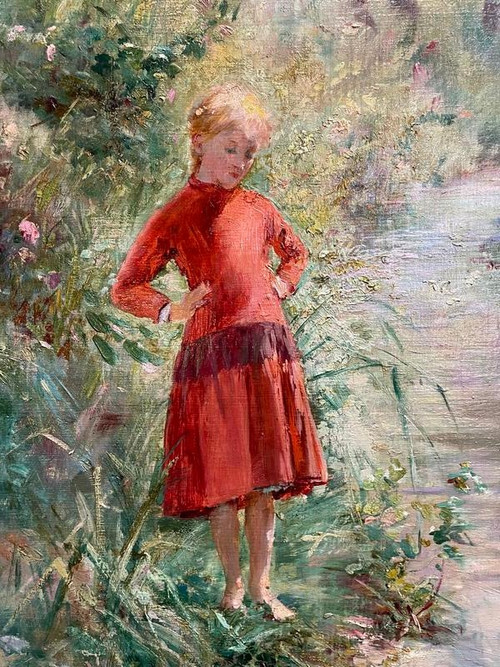 Dipinto - Olio su Tela René GUÉRIN 1891 "Giovane fanciulla nel giardino"