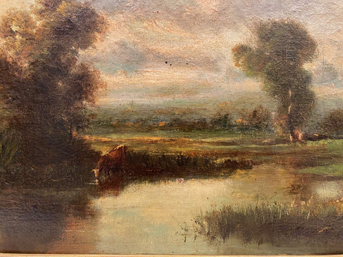 Oil on canvas from the 19th century, "Cows by the river".