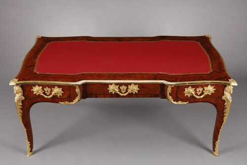 LARGE FLAT DESK IN INLAID ROSEWOOD VENEER IN THE LOUIS XV STYLE