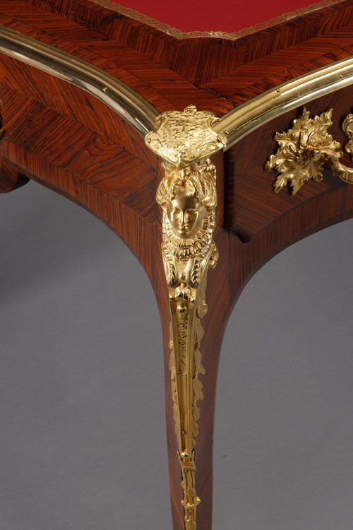 LARGE FLAT DESK IN INLAID ROSEWOOD VENEER IN THE LOUIS XV STYLE