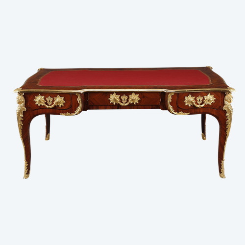 LARGE FLAT DESK IN INLAID ROSEWOOD VENEER IN THE LOUIS XV STYLE