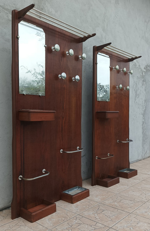 Wall-mounted coat racks, pair of vintage oak checkrooms