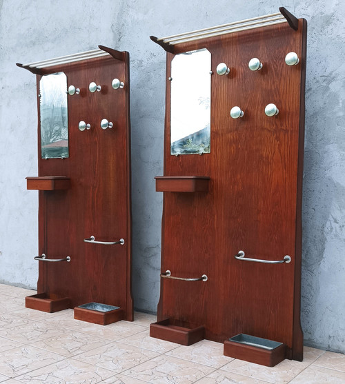 Wall-mounted coat racks, pair of vintage oak checkrooms