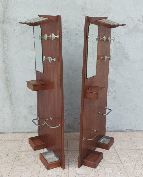 Wall-mounted coat racks, pair of vintage oak checkrooms