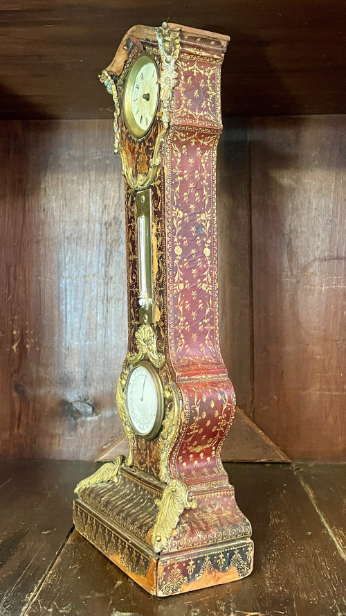 Desk Clock, Thermometer and Barometer, Covered in Embossed and Gilded Leather, 19th Century