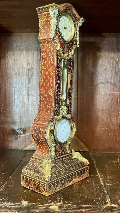 Desk Clock, Thermometer and Barometer, Covered in Embossed and Gilded Leather, 19th Century