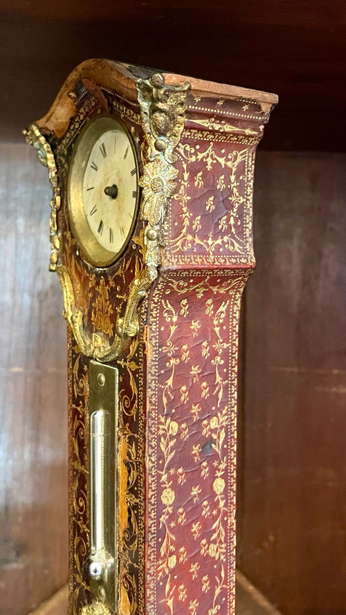 Desk Clock, Thermometer and Barometer, Covered in Embossed and Gilded Leather, 19th Century