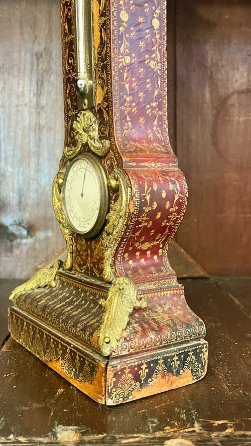 Desk Clock, Thermometer and Barometer, Covered in Embossed and Gilded Leather, 19th Century