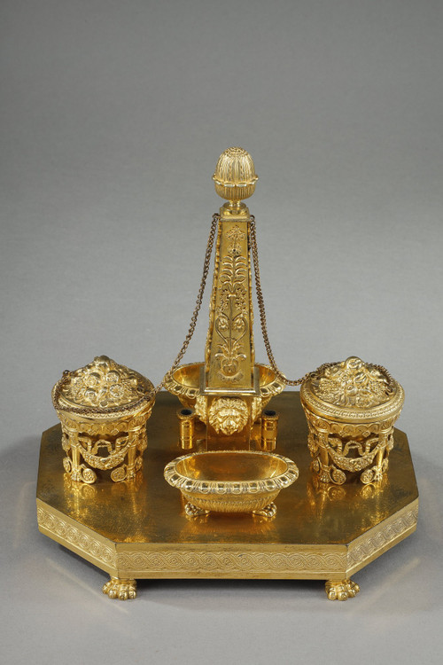 EMPIRE-PERIOD GILT BRONZE OBELISK INKWELL