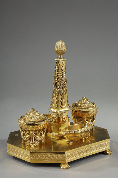 EMPIRE-PERIOD GILT BRONZE OBELISK INKWELL