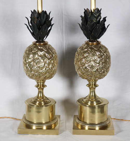 Pair of gilded bronze pineapple lamps from the '70s