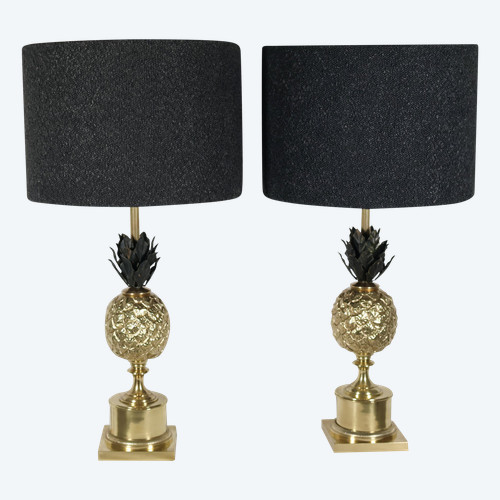 Pair of gilded bronze pineapple lamps from the '70s