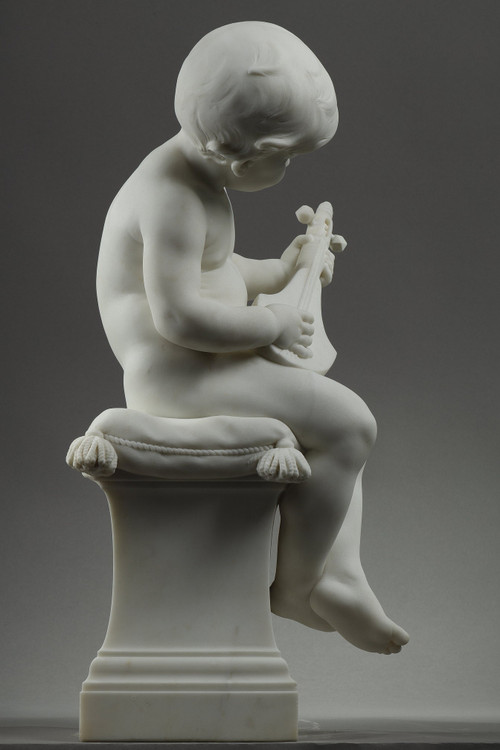 THE LITTLE MUSICIAN, LARGE SCULPTURE IN CARRARA MARBLE BY BARRIAS