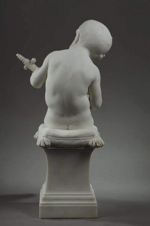 THE LITTLE MUSICIAN, LARGE SCULPTURE IN CARRARA MARBLE BY BARRIAS