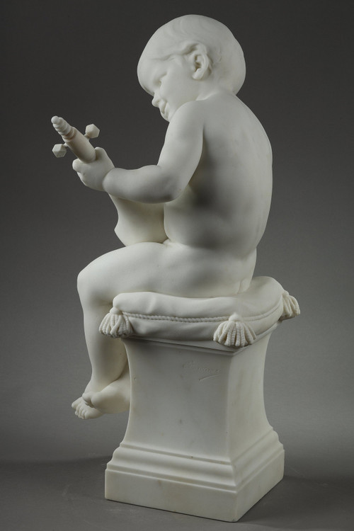 THE LITTLE MUSICIAN, LARGE SCULPTURE IN CARRARA MARBLE BY BARRIAS