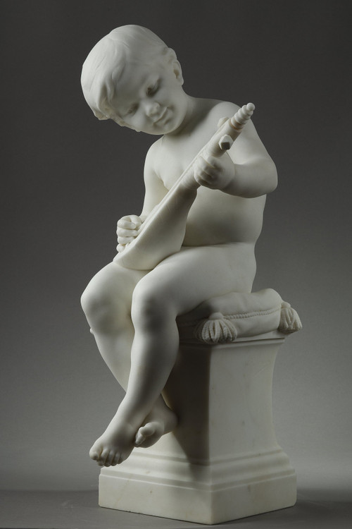 THE LITTLE MUSICIAN, LARGE SCULPTURE IN CARRARA MARBLE BY BARRIAS