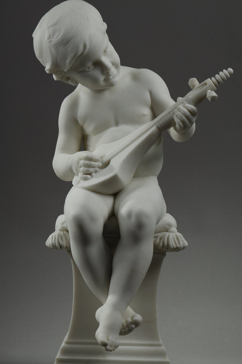 THE LITTLE MUSICIAN, LARGE SCULPTURE IN CARRARA MARBLE BY BARRIAS