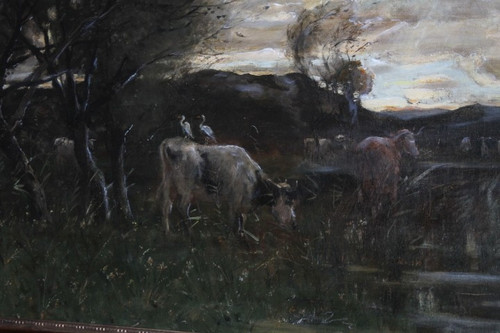 Antique Large oil painting on canvas Broks 1891 . Meas 182 x92 landscape with English Cows